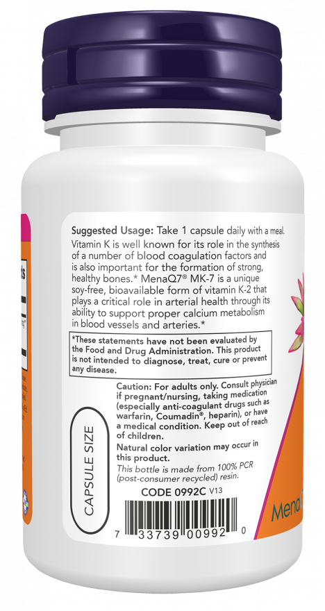 NOW FOODS, MK-7 Vitamin K-2 100 mcg , 60 Veg Capsules