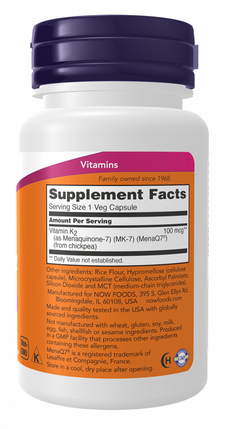 NOW FOODS, MK-7 Vitamin K-2 100 mcg , 60 Veg Capsules