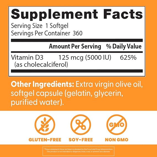 Doctor's Best Vitamin D3 5,000 IU for Healthy Bones, Teeth, Heart and Immune Support, Non-GMO, Gluten-Free, Soy Free, 360 Count (Pack of 1)