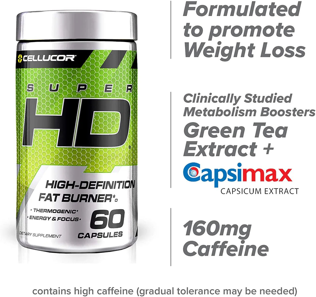 Cellucor SuperHD Thermogenic Fat Burner Weight Loss Supplement, Appetite Suppressant, & Energy Booster Capsimax, Green Tea Extract, 160mg Caffeine & More 60 Capsules (Packaging May Vary)