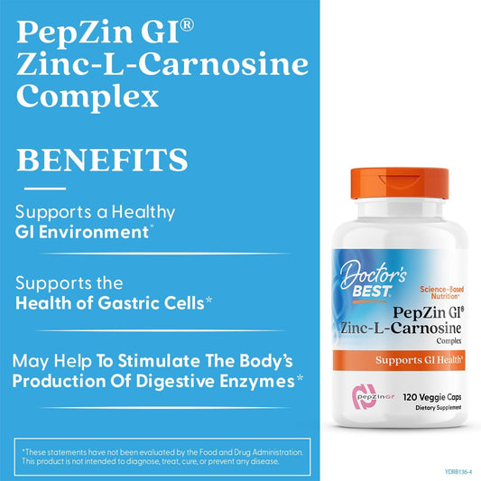 Doctor's Best PepZin GI, Zinc-L-Carnosine Complex, Non-GMO, Vegan, Gluten Free, Soy Free, Digestive Support, 120 Veggie Caps