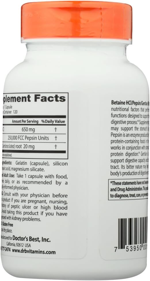 Doctor's Best Betaine HCI Pepsin & Gentian Bitters, Digestive Enzymes for Protein Breakdown & Absorption, Non-GMO, Gluten Free, 120 Caps,...