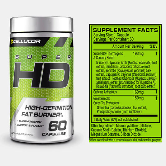 Cellucor SuperHD Thermogenic Fat Burner Weight Loss Supplement, Appetite Suppressant, & Energy Booster Capsimax, Green Tea Extract, 160mg Caffeine & More 60 Capsules (Packaging May Vary)