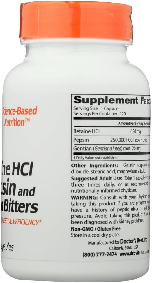 Doctor's Best Betaine HCI Pepsin & Gentian Bitters, Digestive Enzymes for Protein Breakdown & Absorption, Non-GMO, Gluten Free, 120 Caps,...