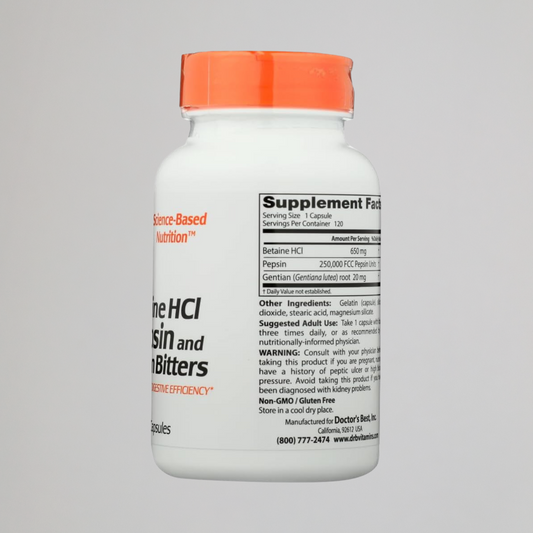 Doctor's Best Betaine HCI Pepsin & Gentian Bitters, Digestive Enzymes for Protein Breakdown & Absorption, Non-GMO, Gluten Free, 120 Caps,...