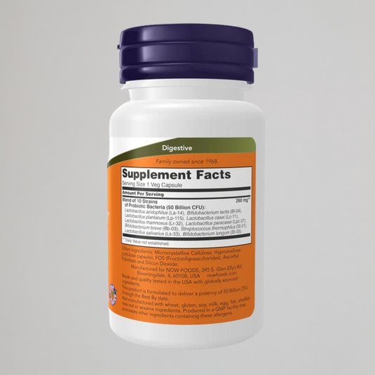 NOW Foods Supplements, Probiotic-10™, 50 Billion, with 10 Probiotic Strains, Strain Verified, 50 Veg Capsules