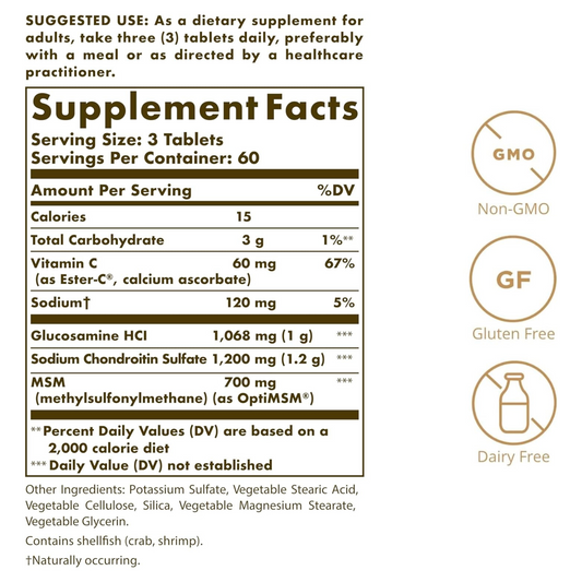 Solgar Extra Strength Glucosamine Chondroitin MSM w/ Ester-C, 180 Tablets - Promotes Healthy Joints, Supports Comfortable Movement & Collagen Formation - Non-GMO, Gluten No, Dairy No - 60 Servings