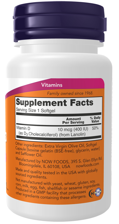 NOW FOODS, Vitamin D-3 400 IU , 180 Softgels