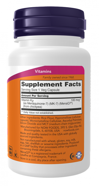 NOW FOODS, MK-7 Vitamin K-2 100 mcg , 60 Veg Capsules