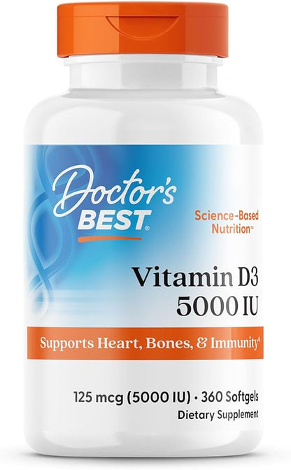 Doctor's Best Vitamin D3 5,000 IU for Healthy Bones, Teeth, Heart and Immune Support, Non-GMO, Gluten-Free, Soy Free, 360 Count (Pack of 1)