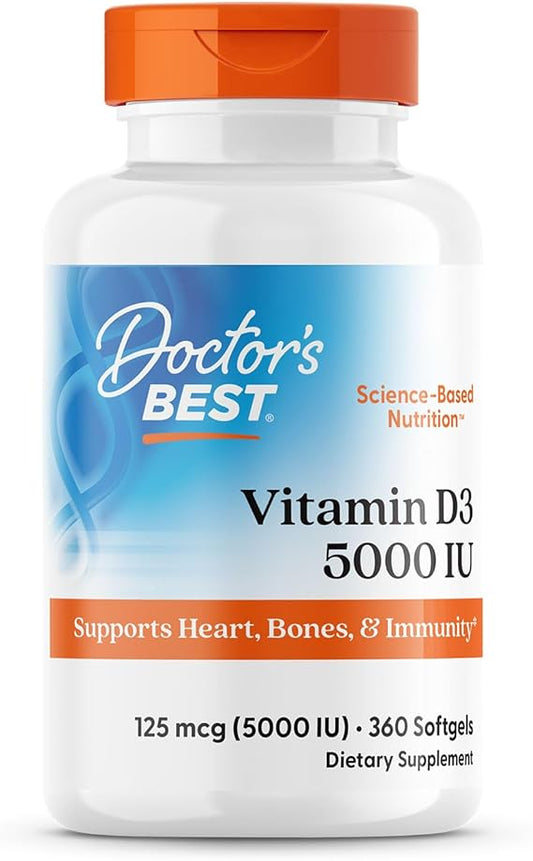 Doctor's Best Vitamin D3 5,000 IU for Healthy Bones, Teeth, Heart and Immune Support, Non-GMO, Gluten-Free, Soy Free, 360 Count (Pack of 1)