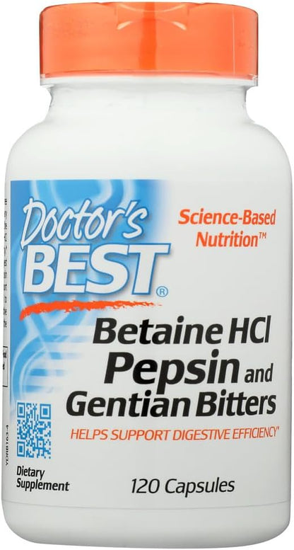 Doctor's Best Betaine HCI Pepsin & Gentian Bitters, Digestive Enzymes for Protein Breakdown & Absorption, Non-GMO, Gluten Free, 120 Caps,...