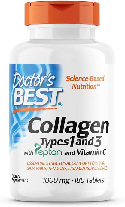 Doctor's Best Collagen Types 1 & 3 with Peptan, Non-GMO, Gluten Free, Soy Free, Supports Hair, Skin, Nails, Tendons & Bones, 1000 mg, 180 Tablets