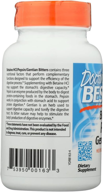 Doctor's Best Betaine HCI Pepsin & Gentian Bitters, Digestive Enzymes for Protein Breakdown & Absorption, Non-GMO, Gluten Free, 120 Caps,...