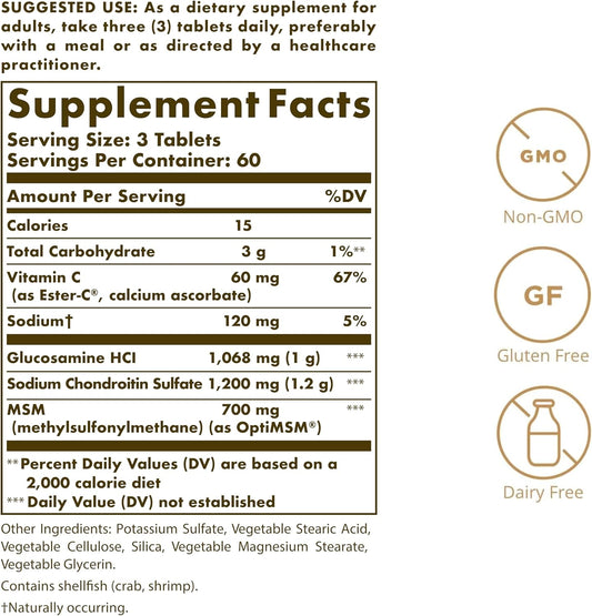 Solgar Extra Strength Glucosamine Chondroitin MSM w/ Ester-C, 180 Tablets - Promotes Healthy Joints, Supports Comfortable Movement & Collagen Formation - Non-GMO, Gluten No, Dairy No - 60 Servings