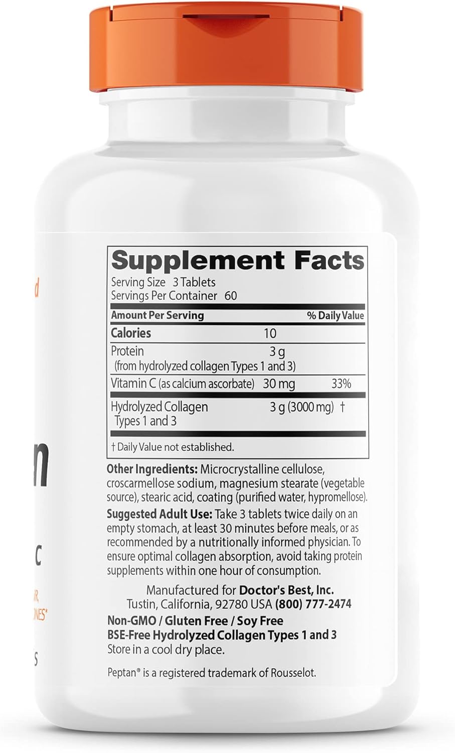 Doctor's Best Collagen Types 1 & 3 with Peptan, Non-GMO, Gluten Free, Soy Free, Supports Hair, Skin, Nails, Tendons & Bones, 1000 mg, 180 Tablets
