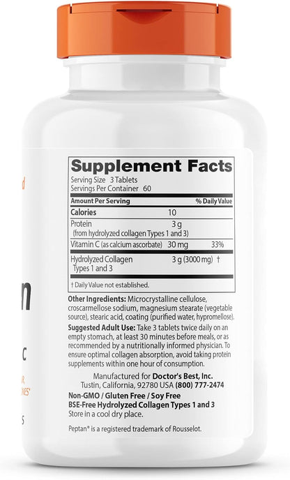 Doctor's Best Collagen Types 1 & 3 with Peptan, Non-GMO, Gluten Free, Soy Free, Supports Hair, Skin, Nails, Tendons & Bones, 1000 mg, 180 Tablets