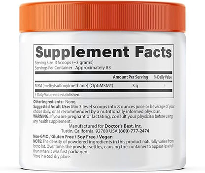 Doctors Best MSM Powder, Supports Hair, Skin, Nails, & Joints, Non-GMO, Gluten Free, Soy Free, Vegan Net Wt. 8.8 oz (250 Grams)