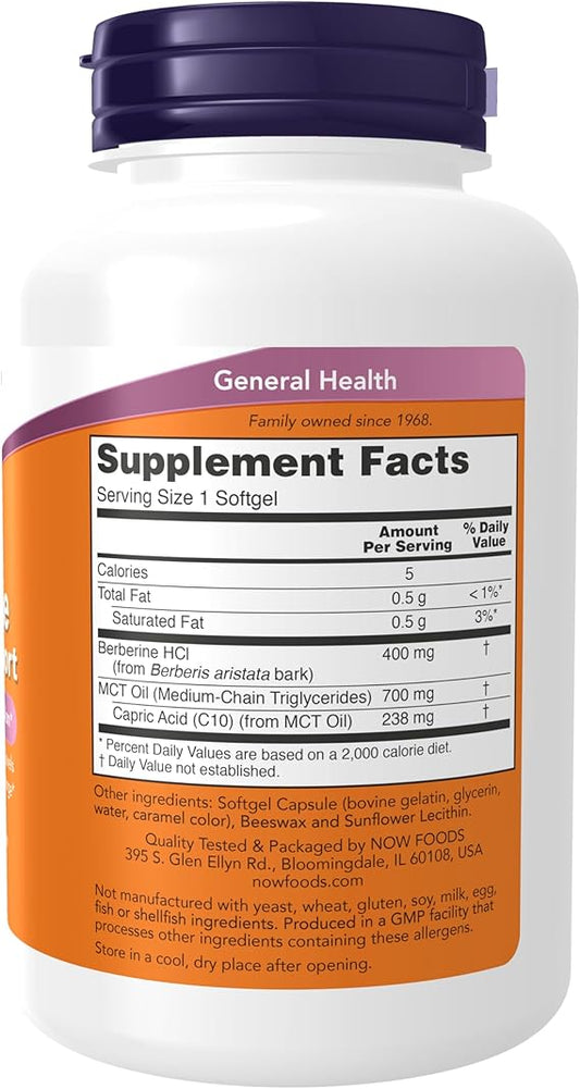 NOW Supplements, Berberine Glucose Support, Combined with MCT Oil for Optimal Berberine Absorption, 90 Softgels