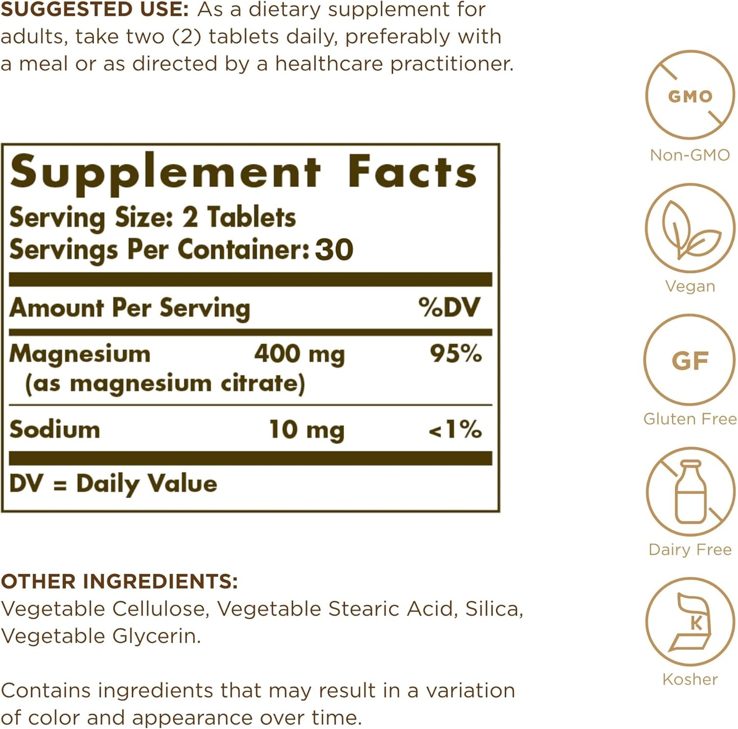 Solgar Magnesium Citrate - 60 Tablets - Promotes Healthy Bones, Supports Nerve & Muscle Function - Highly Absorbable - Non-GMO, Vegan, Gluten Free, Kosher - 30 Servings