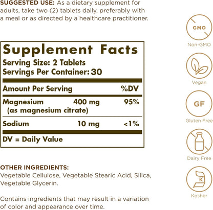 Solgar Magnesium Citrate - 60 Tablets - Promotes Healthy Bones, Supports Nerve & Muscle Function - Highly Absorbable - Non-GMO, Vegan, Gluten Free, Kosher - 30 Servings