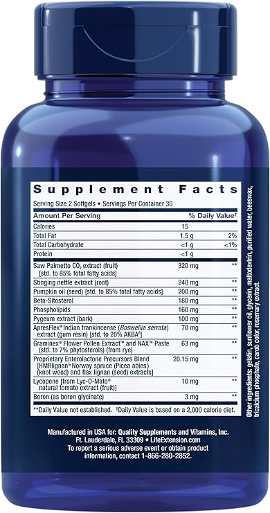 Life Extension Ultra Prostate Formula, saw palmetto for men, pygeum, stinging nettle root, lycopene, 11 nutrients for prostate function, non-GMO, gluten-free, 60 softgels