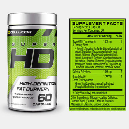 Cellucor SuperHD Thermogenic Fat Burner Weight Loss Supplement, Appetite Suppressant, & Energy Booster Capsimax, Green Tea Extract, 160mg Caffeine & More 60 Capsules (Packaging May Vary)