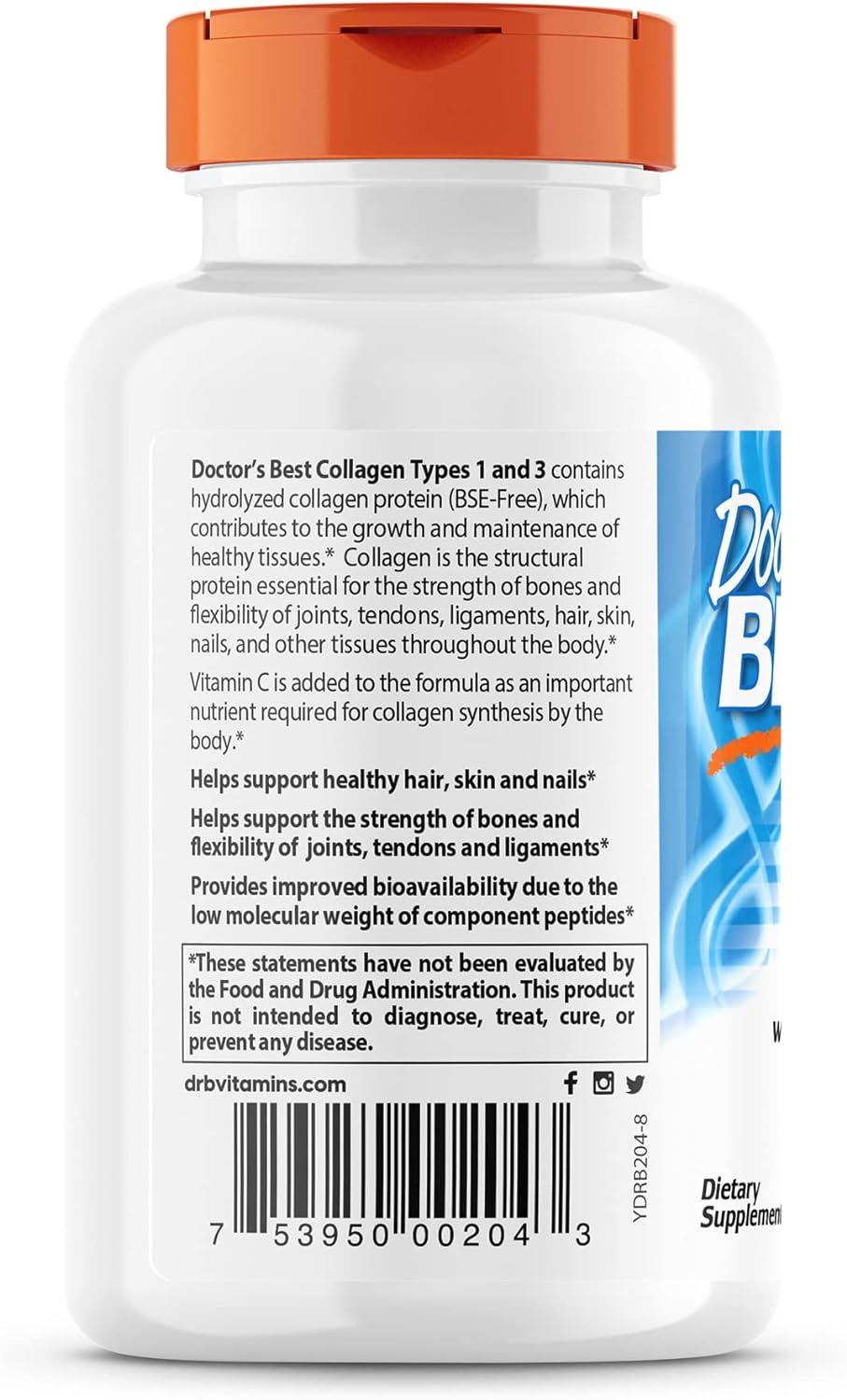 Doctor's Best Collagen Types 1 & 3 with Peptan, Non-GMO, Gluten Free, Soy Free, Supports Hair, Skin, Nails, Tendons & Bones, 1000 mg, 180 Tablets