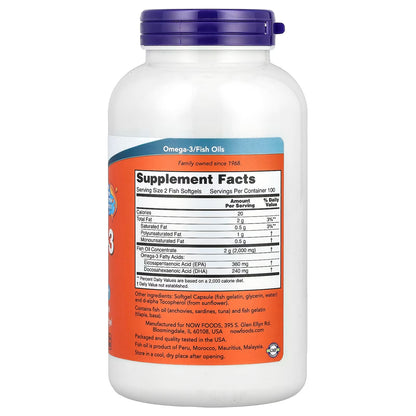 NOW Foods, Omega-3 Fish Oil, 1,000 mg, 180 EPA - 120 DHA, 200 Softgels