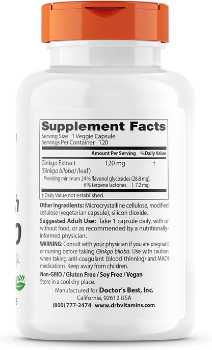 Doctor's Best Extra Strength Ginkgo, Non-GMO, Gluten Free, Vegan, Soy Free, Promotes Mental Function and Memory, 120 mg, 120 Count (Pack of 1)