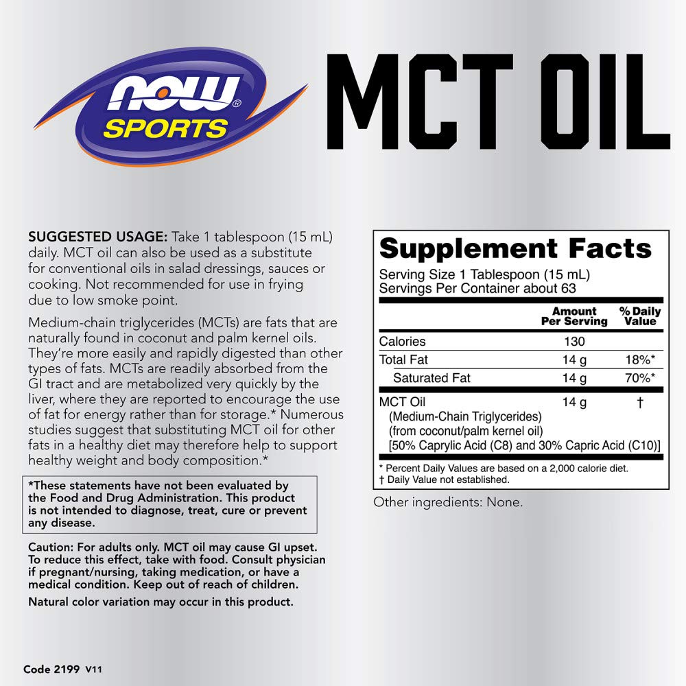 Now Foods MCT Oil Liquid (Soy Free, Non-GMO, Gluten Free, Corn Free, Dairy Free, Egg Free, Hexane Free, Keto Friendly, Kosher) - 946ml (Unflavoured)