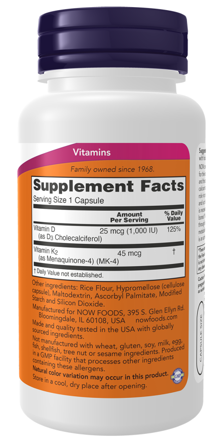Now Foods Vitamin D3 & K2 , 1000 IU, 120 Capsules