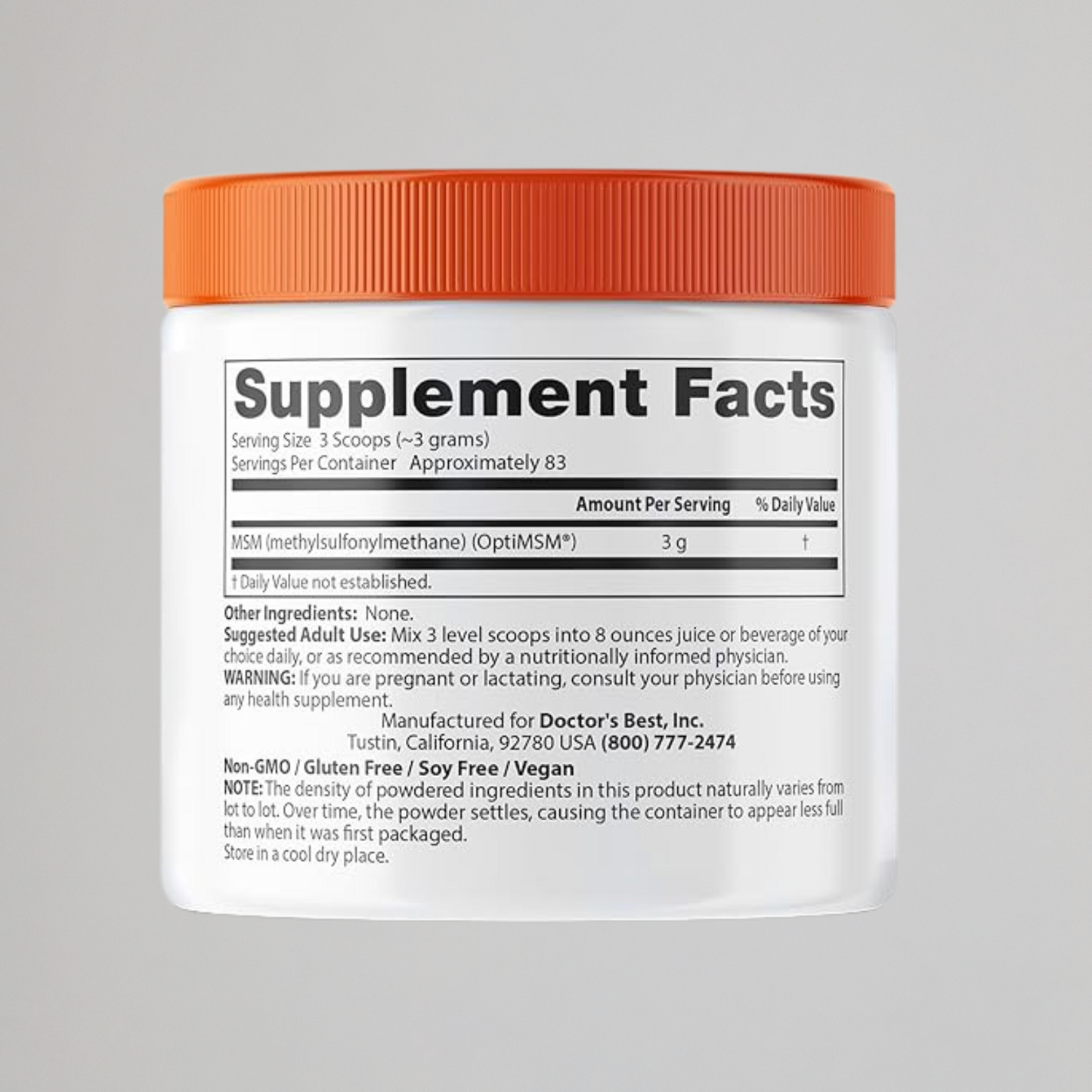 Doctors Best MSM Powder, Supports Hair, Skin, Nails, & Joints, Non-GMO, Gluten Free, Soy Free, Vegan Net Wt. 8.8 oz (250 Grams)
