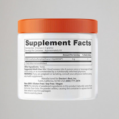 Doctors Best MSM Powder, Supports Hair, Skin, Nails, & Joints, Non-GMO, Gluten Free, Soy Free, Vegan Net Wt. 8.8 oz (250 Grams)