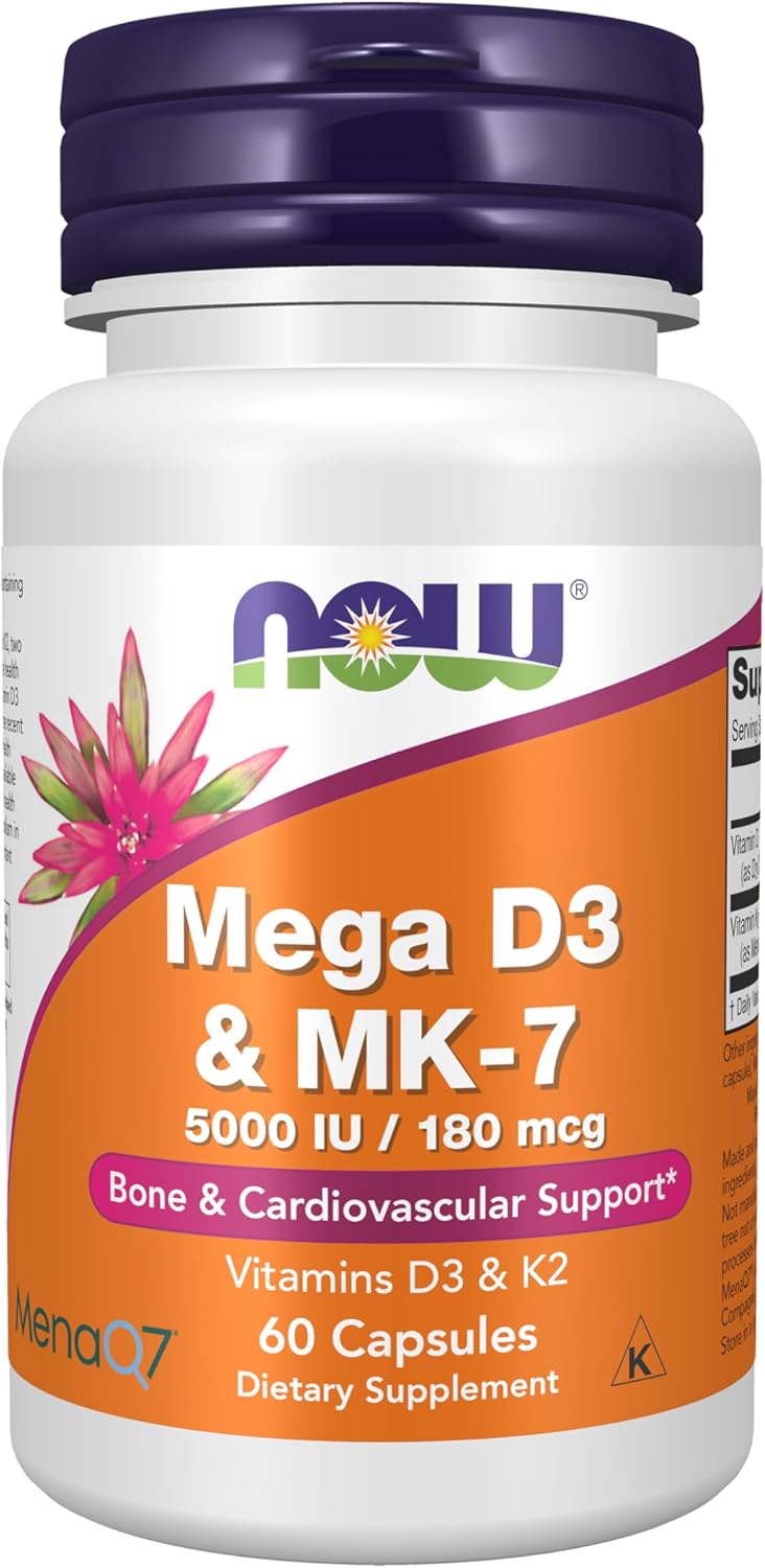 NOW Foods Supplements, Mega D3 & MK-7  , 5000IU/180mcg - 60  Capsules