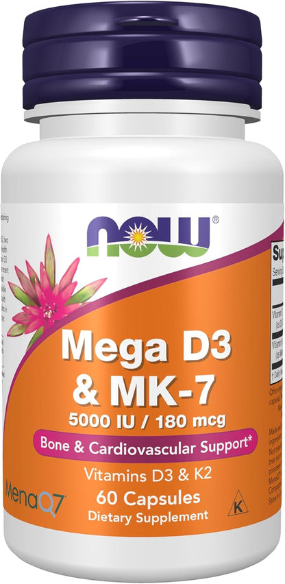 NOW Foods Supplements, Mega D3 & MK-7  , 5000IU/180mcg - 60  Capsules