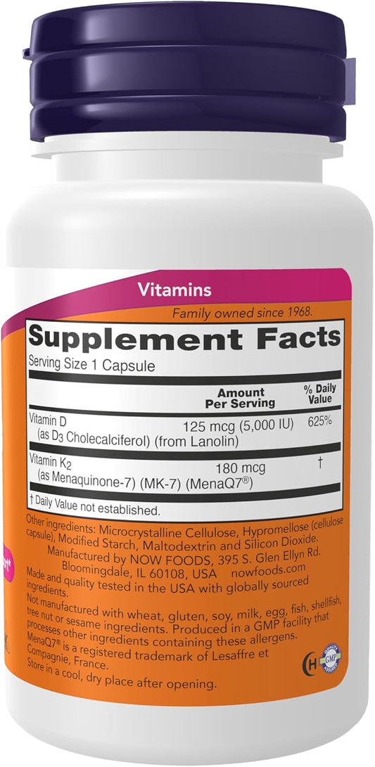 NOW Foods Supplements, Mega D3 & MK-7  , 5000IU/180mcg - 60  Capsules