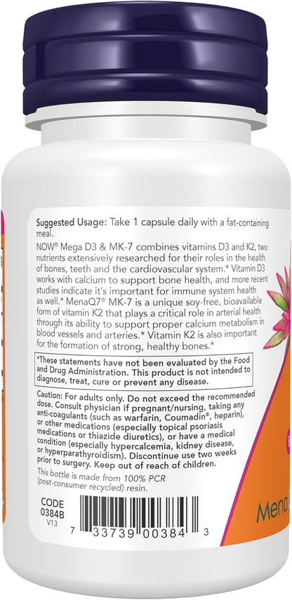 NOW Foods Supplements, Mega D3 & MK-7  , 5000IU/180mcg - 60  Capsules