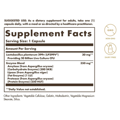 Solgar Probi Plus Enzyme Complex, 30 Capsules - 20 Billion CFU Probiotic Plus Enzymes - Once Daily - Clinically-Studied to Alleviate Occasional Gas & Bloating - Non-GMO & Dairy Free, 30 Servings