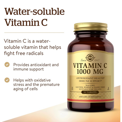 Solgar Vitamin C 1000 mg, 90 Tablets - Antioxidant & Immune Support, Overall Health, Healthy Skin & Joints - Bioflavonoids Supplement - Non-GMO, Vegan, Gluten Free, Kosher - 90 Servings
